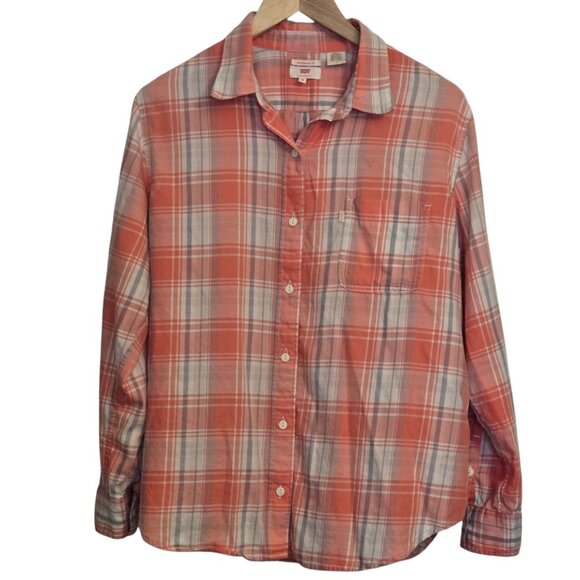 Levi’s Boyfriend Fit Plaid Button Down Shirt Coral Gray White Medium - Picture 1 of 6